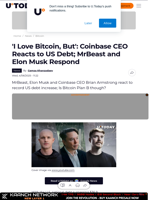 'I Love Bitcoin, But': Coinbase CEO Reacts to US Debt; MrBeast and Elon Musk Respond