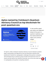 Aptos named by Coinbase's Quantum Advisory Council as top blockchain for post-quantum era