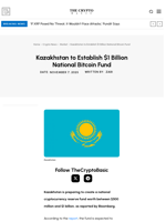 Kazakhstan to Establish $1 Billion National Bitcoin Fund