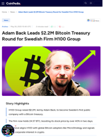 Adam Back Leads $2.2M Bitcoin Treasury Round for Swedish Firm H100 Group