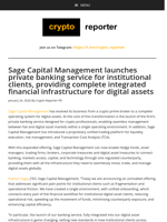 Sage Capital Management launches private banking service for institutional clients, providing complete integrated financial infrastructure for digital assets