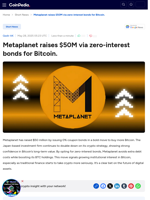 Metaplanet raises $50M via zero-interest bonds for Bitcoin.