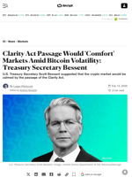 Clarity Act Passage Would 'Comfort' Markets Amid Bitcoin Volatility: Treasury Secretary Bessent - Decrypt