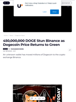 450,000,000 DOGE Stun Binance as Dogecoin Price Returns to Green - U.Today