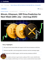 Bitcoin, Ethereum, XRP Price Prediction for Next Week (28th July - 2nd Aug 2025)