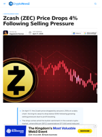 Zcash (ZEC) Price Drops 4% Following Selling Pressure