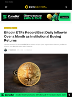 Bitcoin ETFs Record Best Daily Inflow in Over a Month as Institutional Buying Returns - CoinCentral