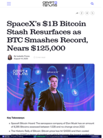 SpaceX’s $1B Bitcoin Stash Resurfaces as BTC Smashes Record, Nears $125,000