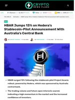 HBAR Jumps 13% on Hedera’s Stablecoin-Pilot Announcement With Australia’s Central Bank - Crypto News Flash