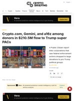 Crypto.com, Gemini, and a16z among donors in $210.5M flow to Trump super PACs