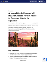 Arizona Bitcoin Reserve bill HB2324 passes House, heads to Governor Hobbs for signature