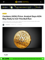 Cardano (ADA) Price: Analyst Says ADA May Rally to $10 This Bull Run - CoinCentral