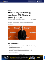 Michael Saylor's Strategy purchases 850 Bitcoin at above $117,000
