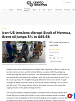 Iran-US tensions disrupt Strait of Hormuz, Brent oil jumps 5% to $85.58