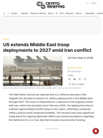 US extends Middle East troop deployments to 2027 amid Iran conflict