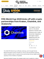FIFA World Cup 2026 kicks off with crypto partnerships from Kraken, Chainlink, and Avalanche