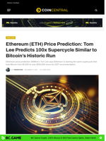Ethereum (ETH) Price Prediction: Tom Lee Predicts 100x Supercycle Similar to Bitcoin's Historic Run - CoinCentral