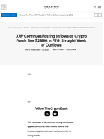 XRP Continues Posting Inflows as Crypto Funds See $288M in Fifth Straight Week of Outflows