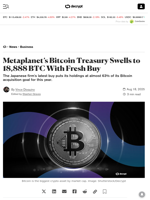 Metaplanet’s Bitcoin Treasury Swells to 18,888 BTC With Fresh Buy - Decrypt