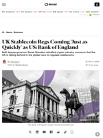 UK Stablecoin Regs Coming 'Just as Quickly' as US: Bank of England - Decrypt