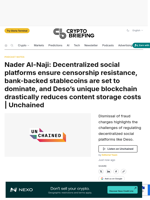 Nader Al-Naji: Decentralized social platforms ensure censorship resistance, bank-backed stablecoins are set to dominate, and Deso's unique blockchain drastically reduces content storage costs | Unchained