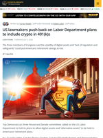 US Lawmakers Push Back on Labor Dept’s Plans to Include Crypto in 401(k)s