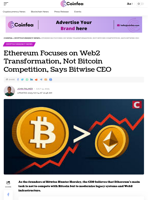 Ethereum Focuses on Web2, Not Bitcoin , Says Bitwise CEO