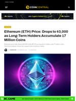 Ethereum (ETH) Price: Drops to $3,000 as Long-Term Holders Accumulate 17 Million Coins - CoinCentral