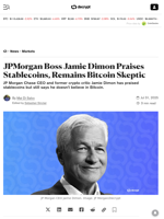 JPMorgan Boss Jamie Dimon Praises Stablecoins, Remains Bitcoin Skeptic - Decrypt