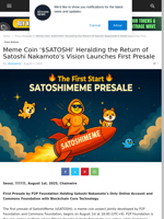 Meme Coin '$SATOSHI' Heralding the Return of Satoshi Nakamoto's Vision Launches First Presale | Live Bitcoin News