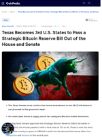 Texas Becomes 3rd U.S. States to Pass a Strategic Bitcoin Reserve Bill Out of the House and Senate