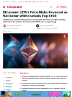 Ethereum (ETH) Price Risks Reversal as Validator Withdrawals
Top $10B