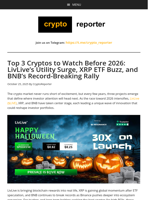 Top 3 Cryptos to Watch Before 2026: LivLive’s Utility Surge, XRP ETF Buzz, and BNB’s Record-Breaking Rally
