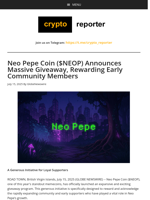 Neo Pepe Coin ($NEOP) Announces Massive Giveaway, Rewarding Early Community Members