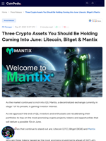 Three Crypto Assets You Should Be Holding Coming Into June: Litecoin, Bitget & Mantix