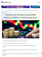 YouTube star Mr Beast scoops $900K worth of ASTER in a 3-day buying spree - CoinJournal