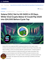 Solana (SOL) Set to Hit $400 in 25 Days, While Viral Crypto Below $1 Could Flip $420 into $24,000 Before Cycle Top