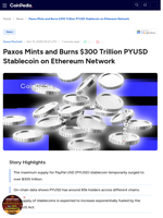 Paxos Mints and Burns $300T PYUSD Stablecoin on Ethereum