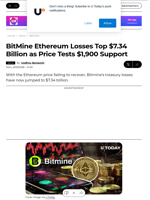 BitMine Ethereum Losses Top $7.34 Billion as Price Tests $1,900 Support - U.Today