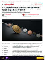 BTC Dominance Slides as the Bitcoin Price Slips Below $70K