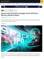 SpaceX Tokenized IPO Campaign Draws $557M on Binance Ahead of Debut