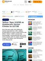 Tether Taps $165B as Stablecoin Sector Climbs to $273B – Crypto News Bitcoin News