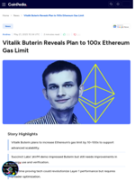 Vitalik Buterin Reveals Plan to 100x Ethereum Gas Limit