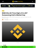 BNB Hits All-Time High of $1,087 Surpassing Intel’s Market Cap