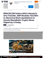 $106,313,218 Solana (SOL) Moved in One Transfer, XRP Rockets 721,735% in Abnormal Bull Liquidations in Hourly Bloodbath: Crypto News Digest by U.Today