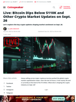 Live: Bitcoin Dips Below $110K, Crypto Market Updates on Sept. 26