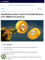 Kazakhstan’s Alem Crypto Fund Adds Binance Coin (BNB) to Its Reserve