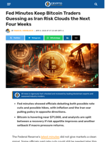 Fed Minutes Keep Bitcoin Traders Guessing as Iran Risk Clouds the Next Four Weeks