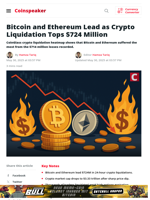 Bitcoin and Ethereum Lead as Crypto Liquidation Tops $724 Million - Coinspeaker