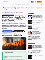 Bitcoin Traders Lose $455M on Long Bets as BTC Dips Below $70,000